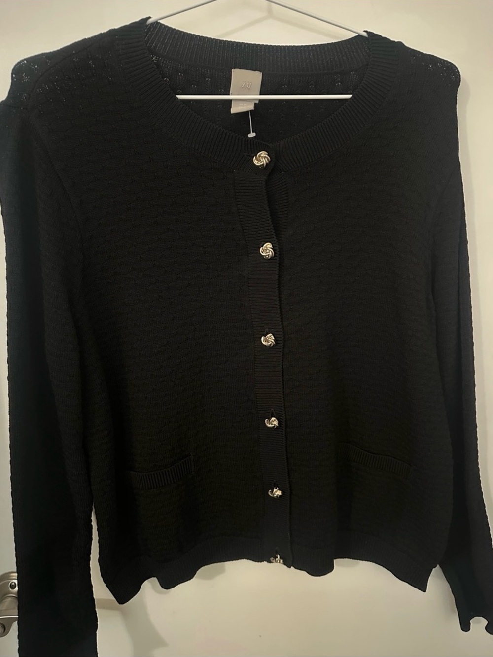 H&M Black Textured Cardigan | Gold Knot Buttons | XL | New Without Tags